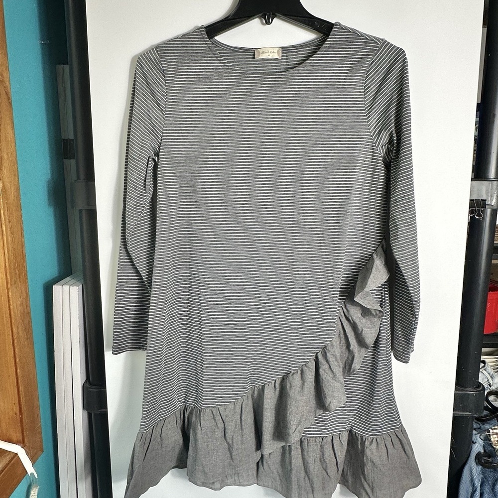 Altar'd State Womens Size M Gray Stripe Asymmetrical Ruffle Dress Knee Length